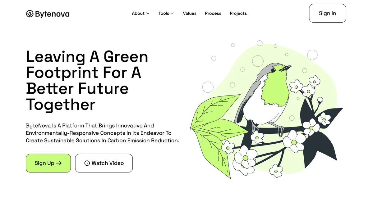 Bytenova green energy solutions website landing page featuring sustainable energy services and modern eco-friendly design
